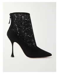 Manolo Blahnik Bricala 105 Ankle Boots aus Veloursleder und Besticktem Tüll Schwarz