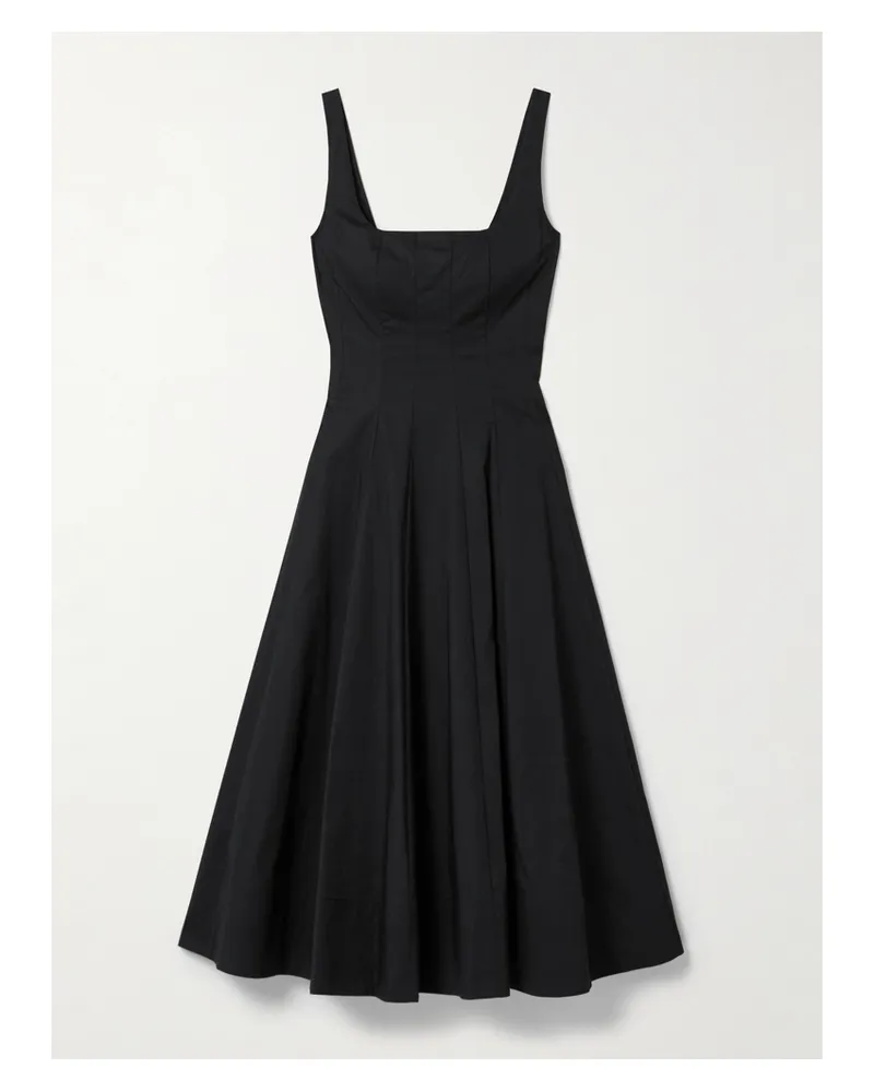 STAUD Wells Pleated Cotton-blend Poplin Midi Dress - Black Black