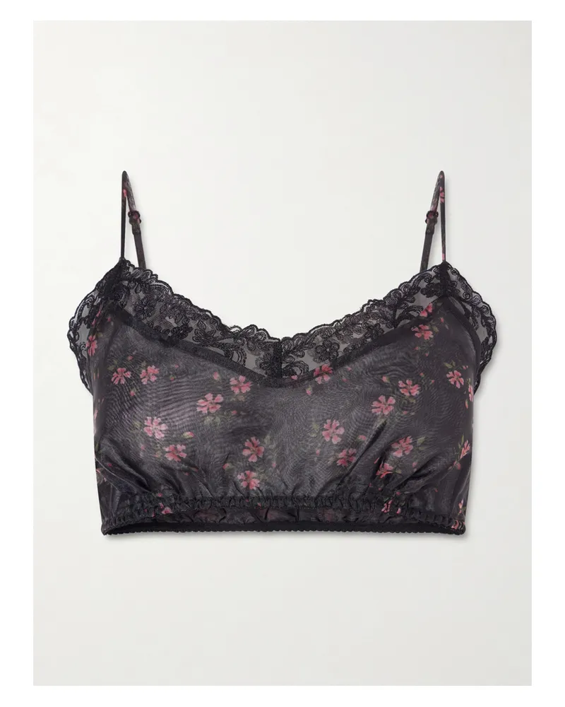 Simone Rocha Cropped Lace-trimmed Floral-print Organza Top - Black Black