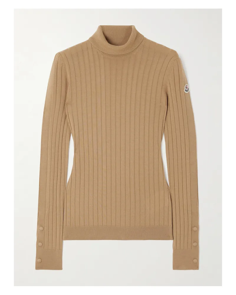 Moncler Button-detailed Appliquéd Ribbed Wool And Cashmere-blend Turtleneck Sweater - Brown Brown