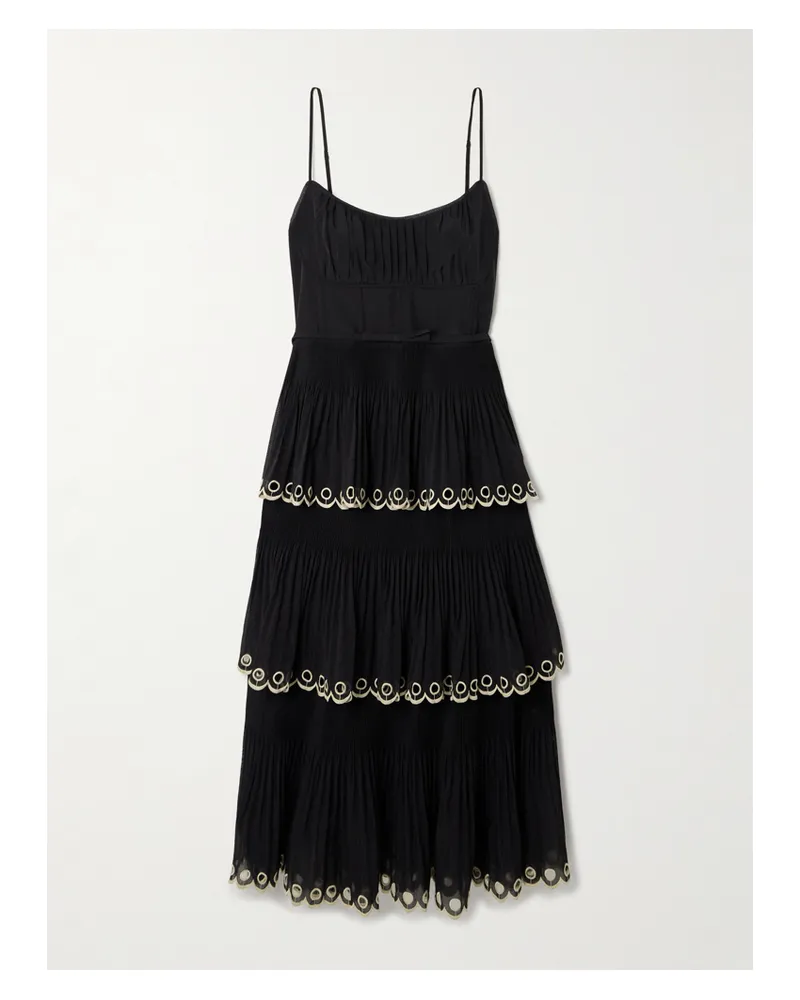 Zimmermann Mehrlagiges Midikleid Aus Georgette Mit Stickereien - Schwarz Schwarz