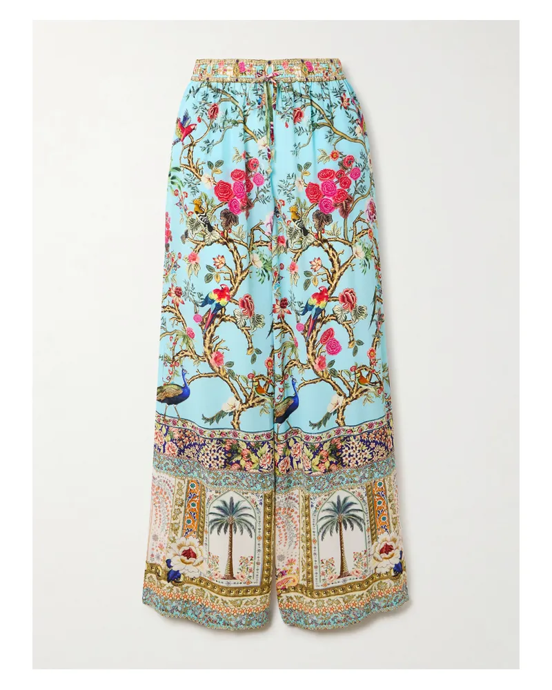Camilla Hose Mit Weitem Bein Aus Bedrucktem Seidensatin - Blau Blau