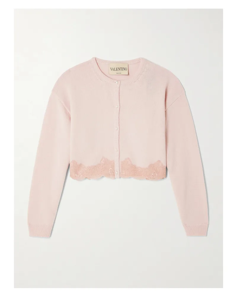 Valentino Garavani Verkürzter Cardigan Aus Wolle Mit Spitzenbesatz - Pink Pink