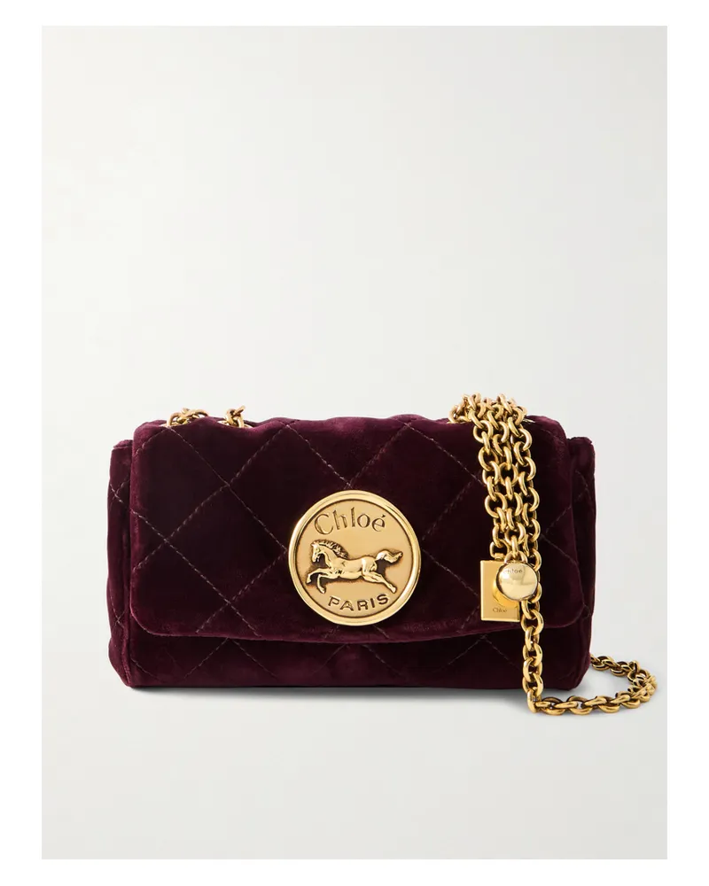 Chloé Heritage Small Embellished Quilted Velvet Shoulder Bag - Burgundy Burgundy