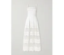 Organza-trimmed Embroidered Cotton-blend Poplin Midi Dress - White