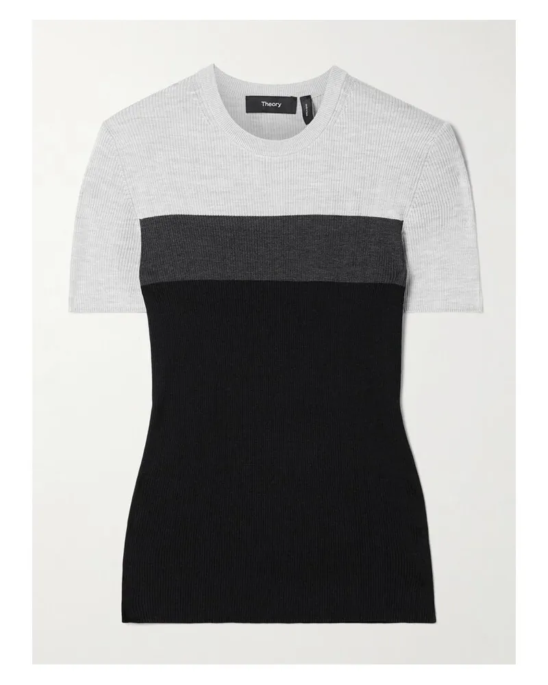 Theory Geripptes T-shirt Aus Seide In Colour-block-optik - Schwarz Schwarz