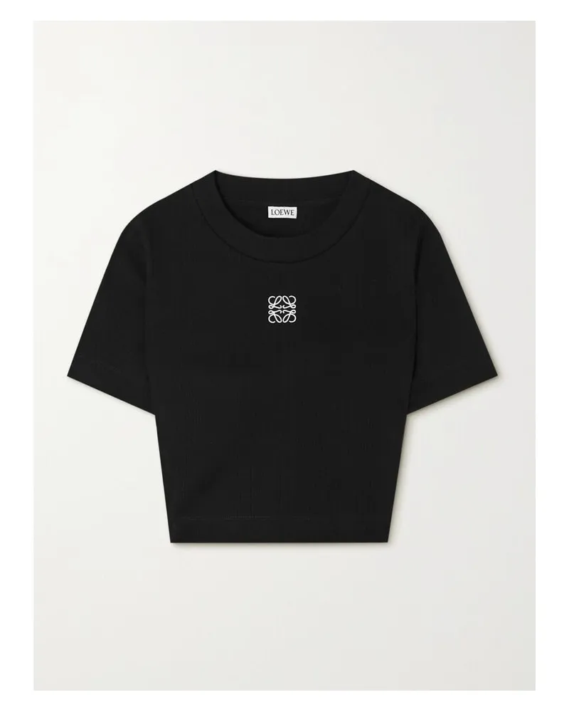 Loewe Anagram Verkürztes T-shirt Aus Gerippter Baumwolle Mit Stickerei - Schwarz Schwarz