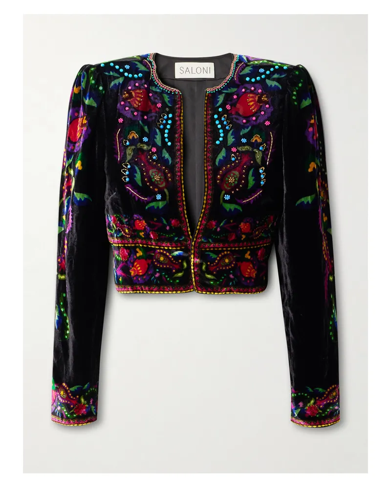 Saloni Vika Cropped Beaded Printed Velvet Jacket - Black Black