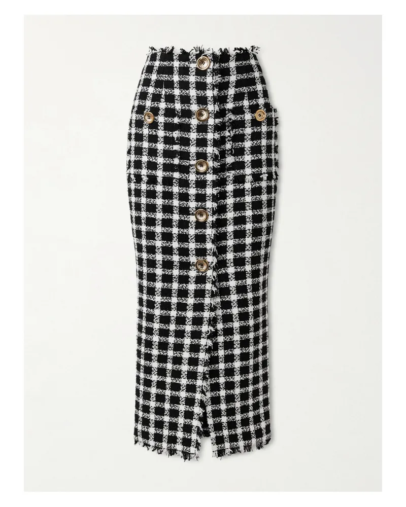 Balmain Frayed Checked Cotton-blend Tweed Midi Skirt - White White