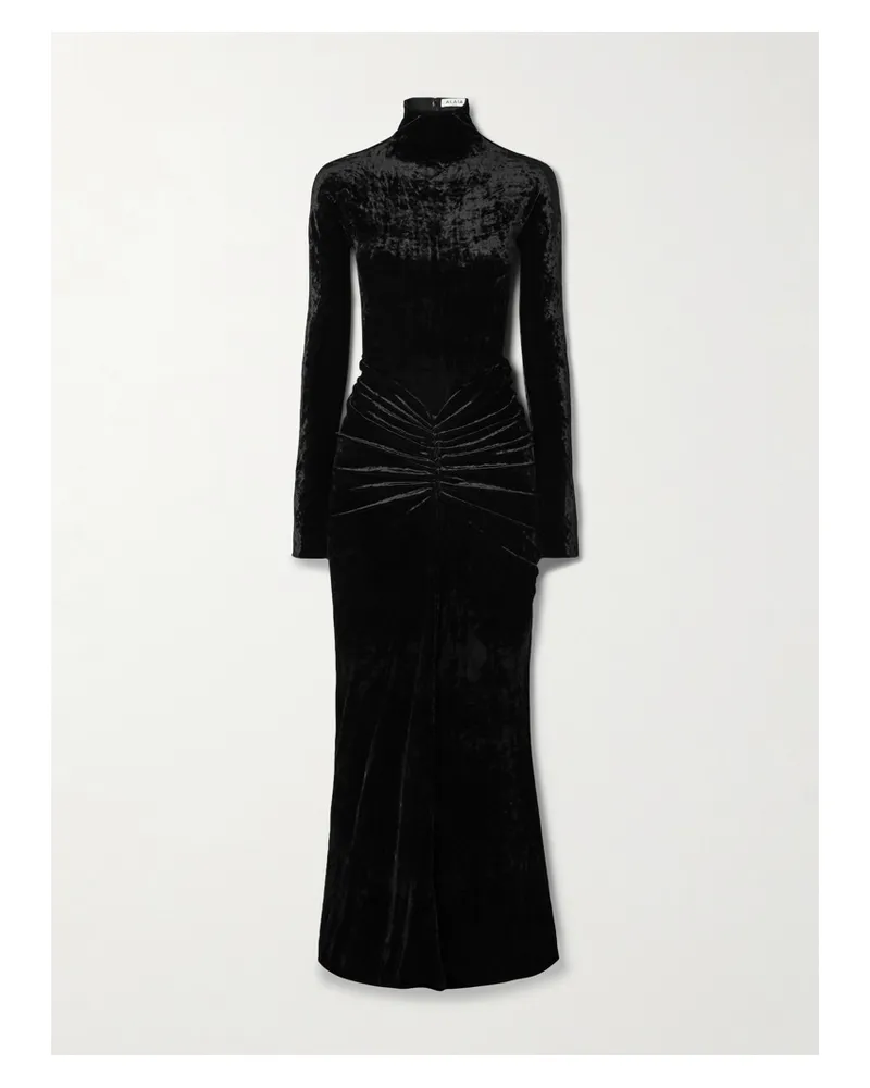 Alaïa Ruched Crushed-velvet Turtleneck Midi Dress - Black Black