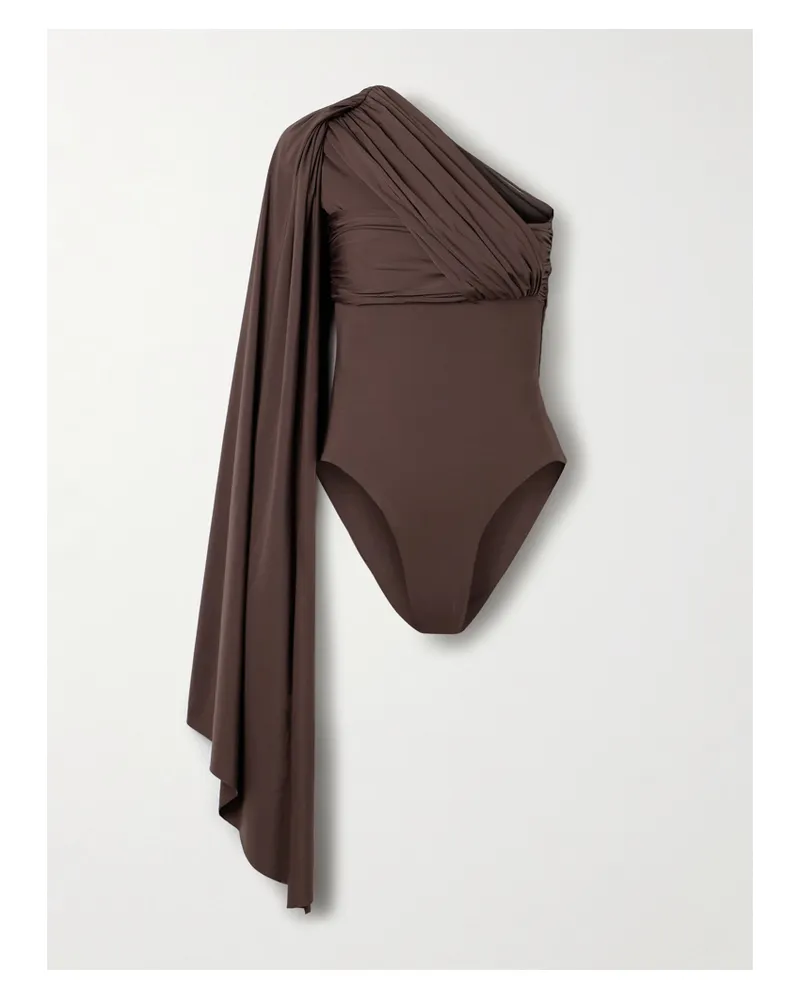 Maygel Coronel Burano One-shoulder Cape-effect Gathered Draped Stretch-jersey Bodysuit - Brown Brown