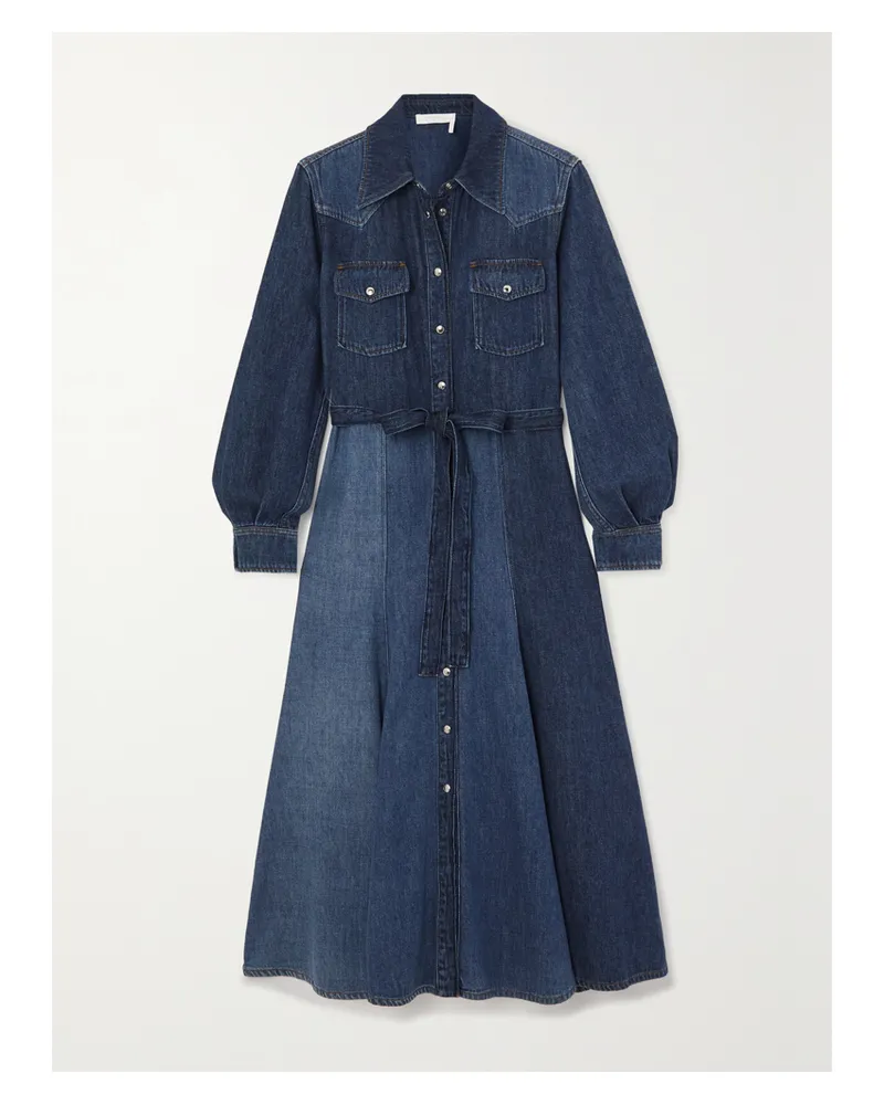 Chloé Midikleid Aus Denim Aus Einer Baumwoll-leinenmischung Mit Bindegürtel In Patchwork-optik - Blau Blau