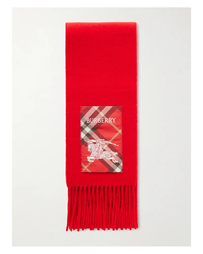 Burberry Appliquéd Fringed Cashmere Scarf - Red Red