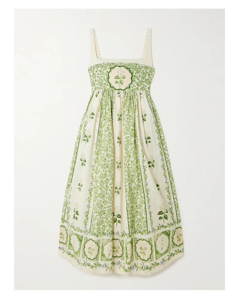 AGUA BENDITA Barbara Midikleid Aus Leinen Mit Blumenprint, Zierperlen Und Falten - Grün Grün