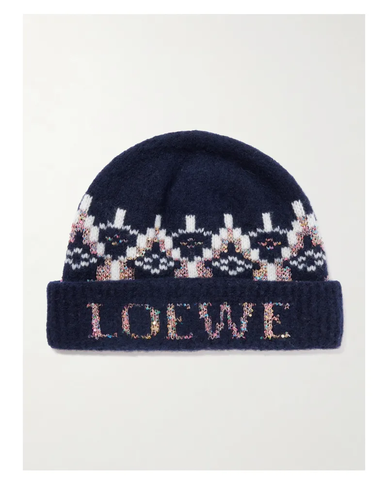 Loewe Beanie Aus Einer Wollmischung Mit Fair-isle-muster Und Pailletten - Blau Blau