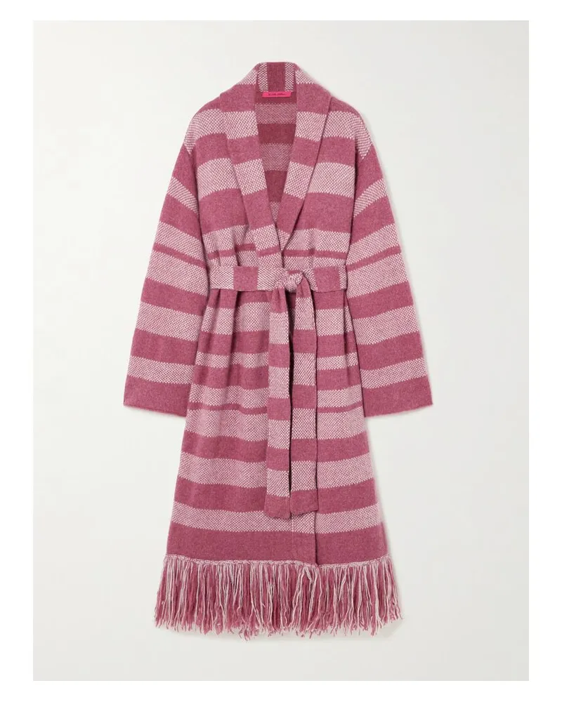 The Elder Statesman Subway Cardigan Aus Gestreiftem Kaschmir Mit Fransen Und Bindegürtel - Pink Pink