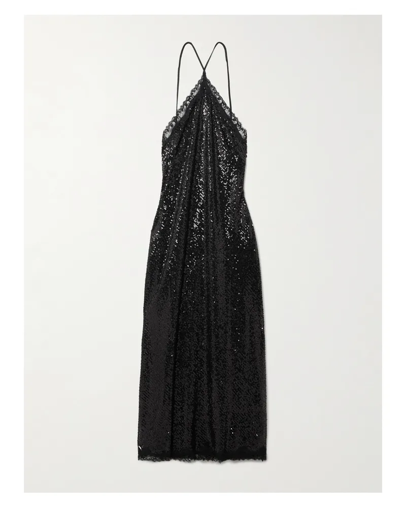 RIXO Harlan Lace-trimmed Sequined Tulle Halterneck Midi Dress - Black Black