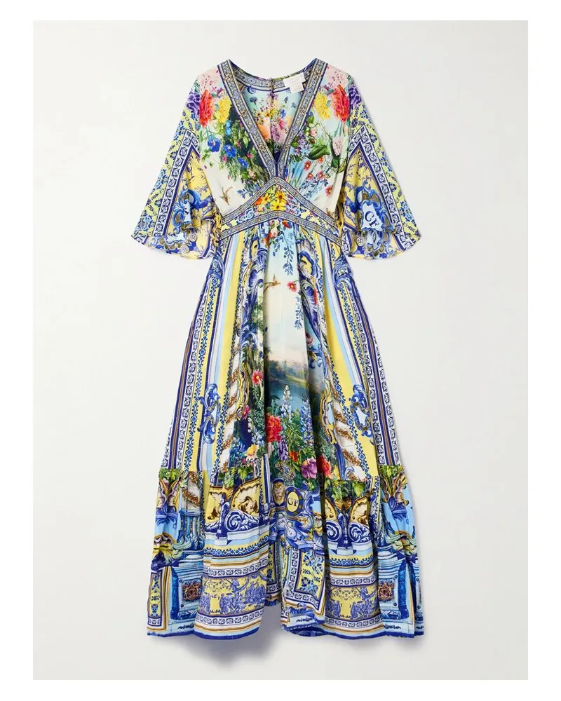 Camilla Maxikleid Aus Bedrucktem Crêpe De Chine Aus Seide Mit Kristallen - Blau Blau
