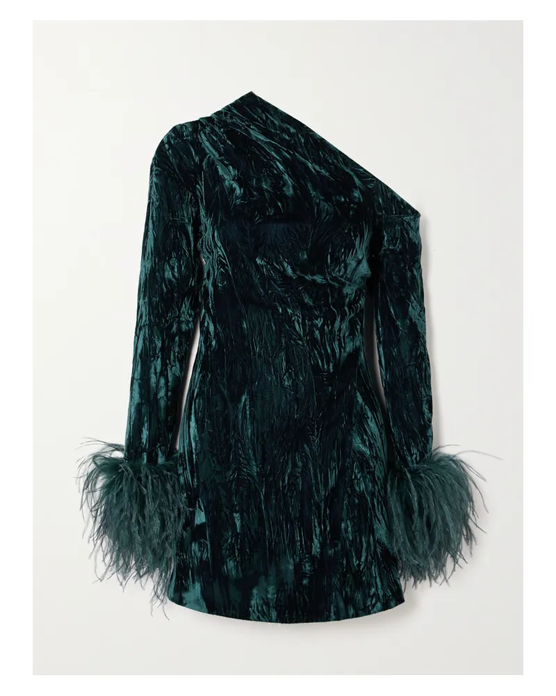 16ARLINGTON Adelaide Asymmetrisches Minikleid Aus Samt In Knitteroptik Mit Federn - Blau Blau