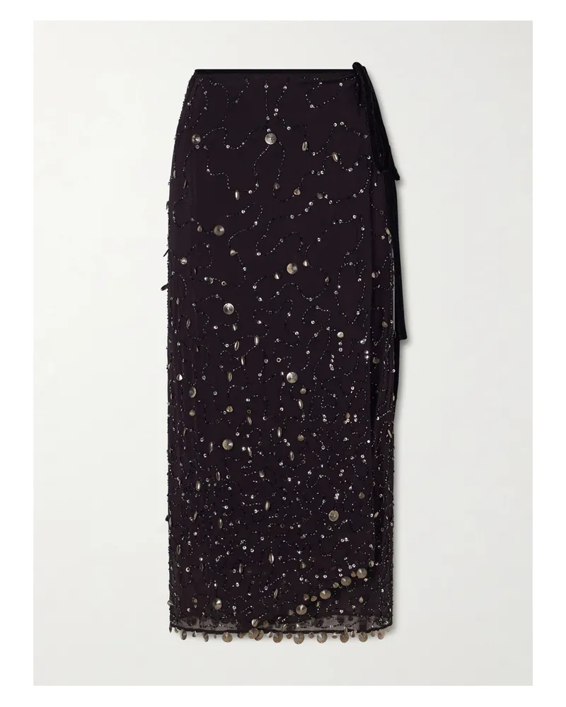 STAUD Mer Embellished Chiffon Midi Wrap Skirt - Black Black