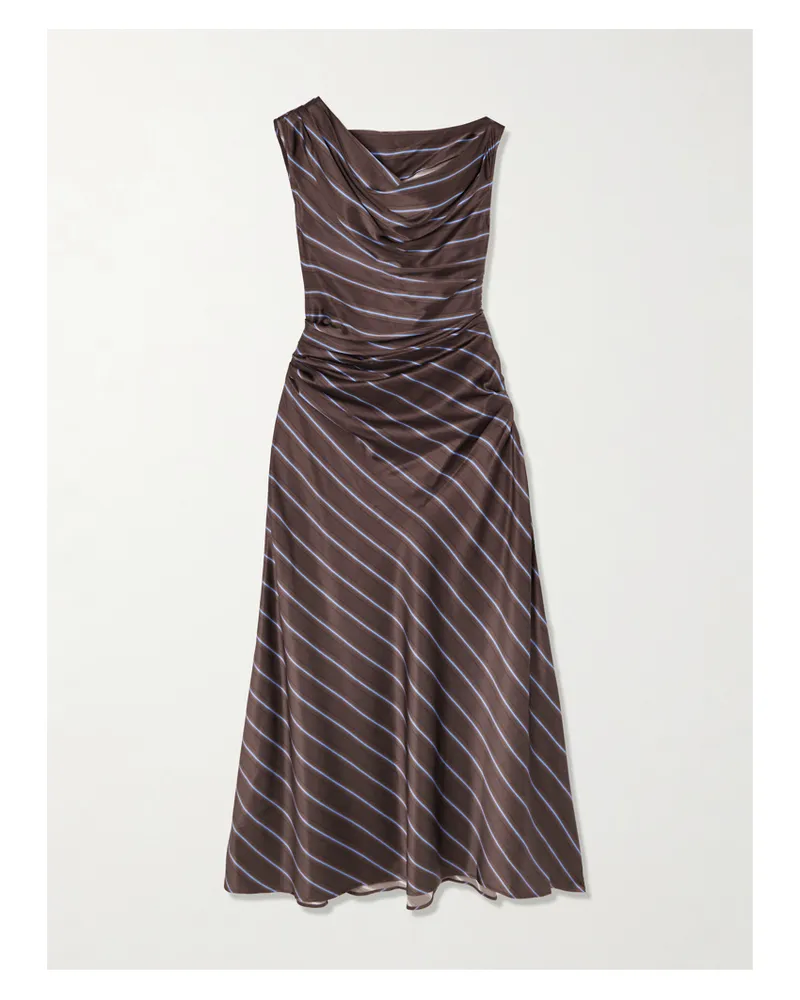 STAUD Phare Draped Striped Stretch-silk Midi Dress - Brown Brown