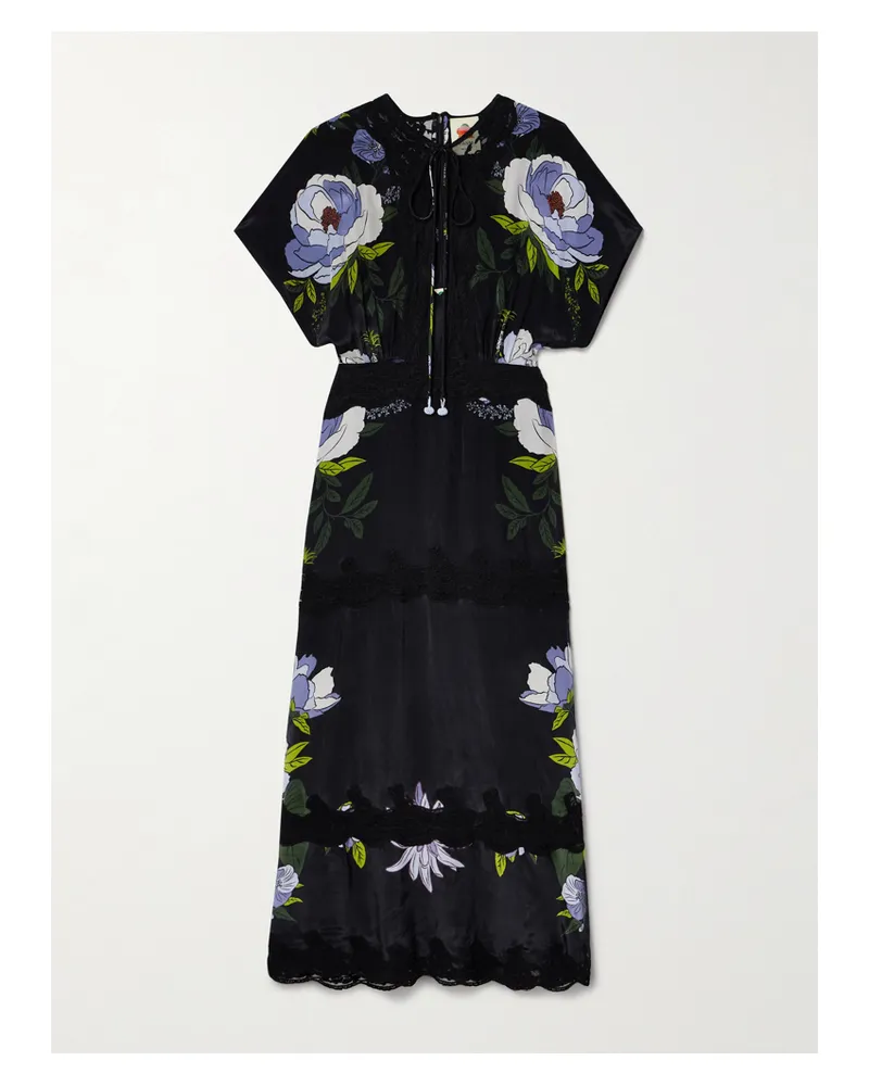 FARM Rio Maxikleid Aus Crêpe De Chine Mit Blumenprint Und Spitzenbesätzen - Schwarz Schwarz