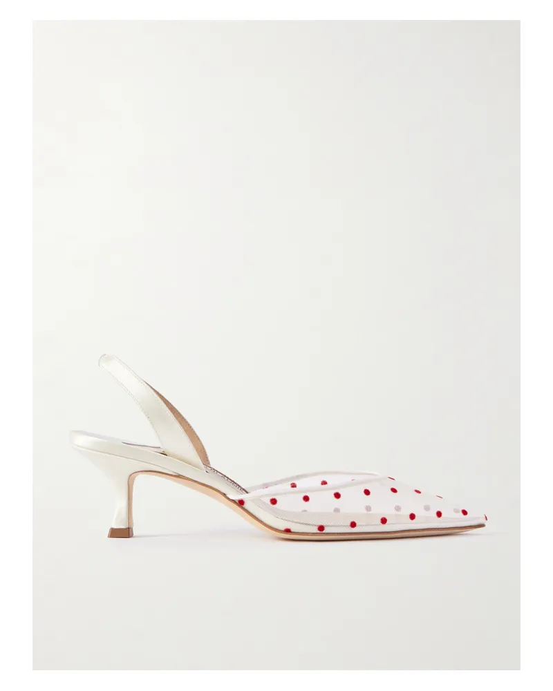Manolo Blahnik Carolyne 50 Slingback-pumps Aus Mesh Und Satin Mit Flockprint - Weiß Weiß