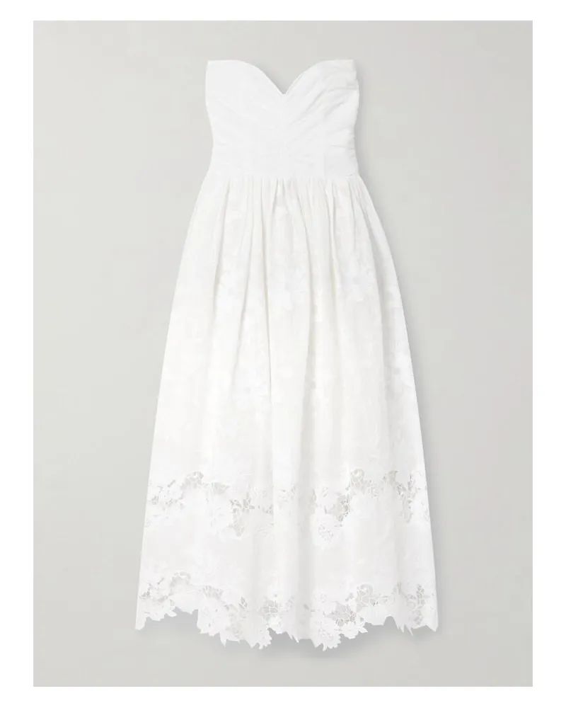 Loretta Caponi Desideria Trägerlose Midikleid Aus Baumwoll-voile Mit Guipure-spitzenbesätzen Und Stickereien - Weiß Weiß