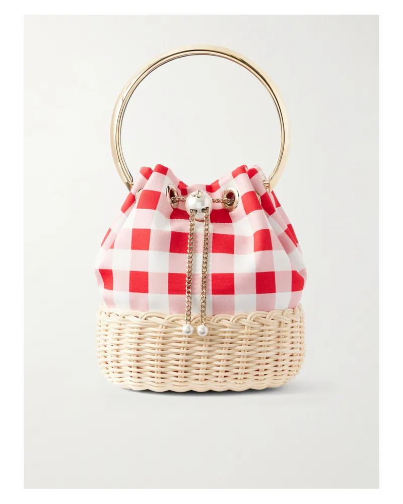 Jimmy Choo Bon Bon Faux-pearl Embellished Woven Raffia Checked Woven Bucket Bag - Red Red