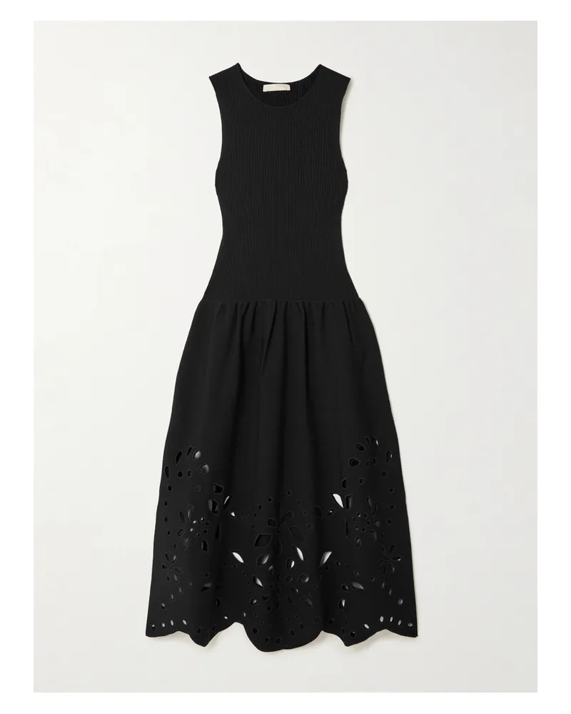 Ulla Johnson Midikleid Aus Rippstrick Und Jersey Mit Lochstickerei - Schwarz Schwarz
