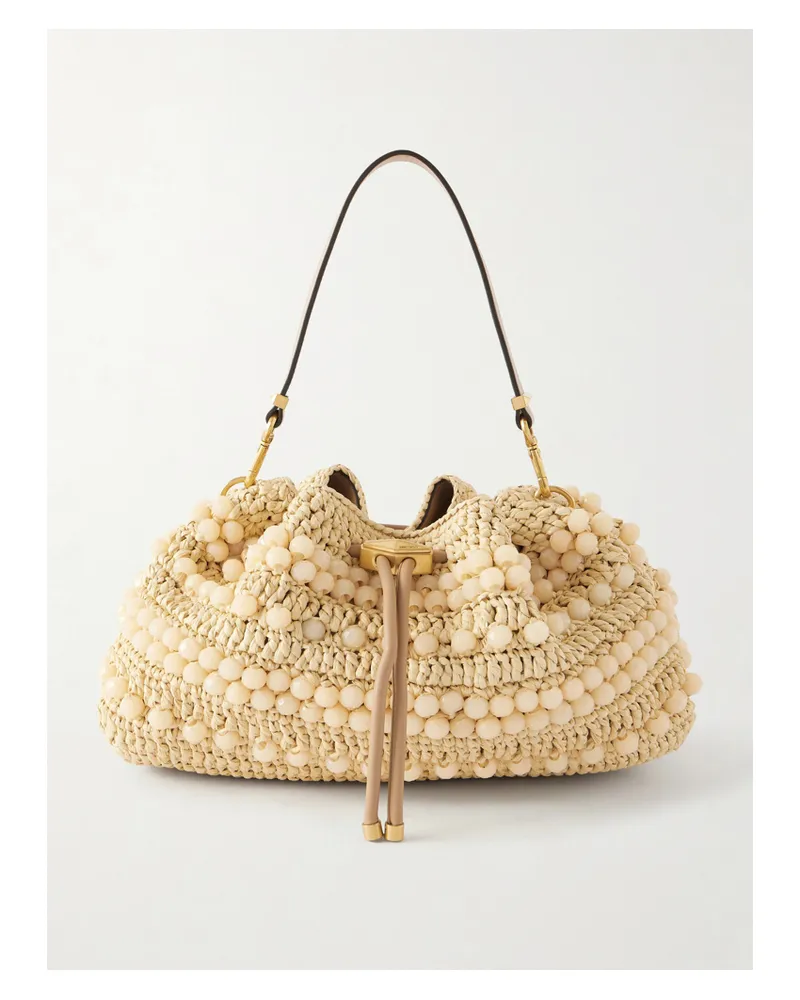 Jimmy Choo Bon Bon Beaded Leather-trimmed Woven Raffia Shoulder Bag - Brown Brown