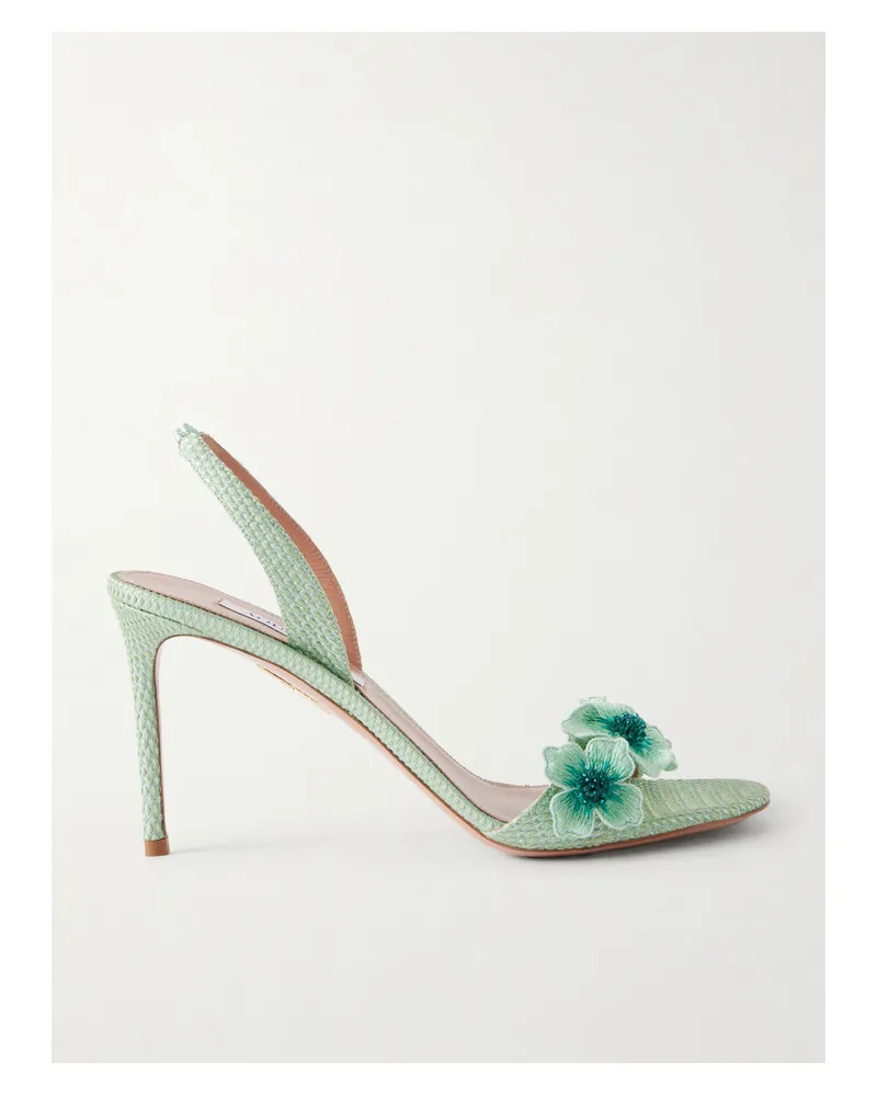 Aquazzura Passionflower 85 Embellished Raffia Slingback Sandals - Green Green