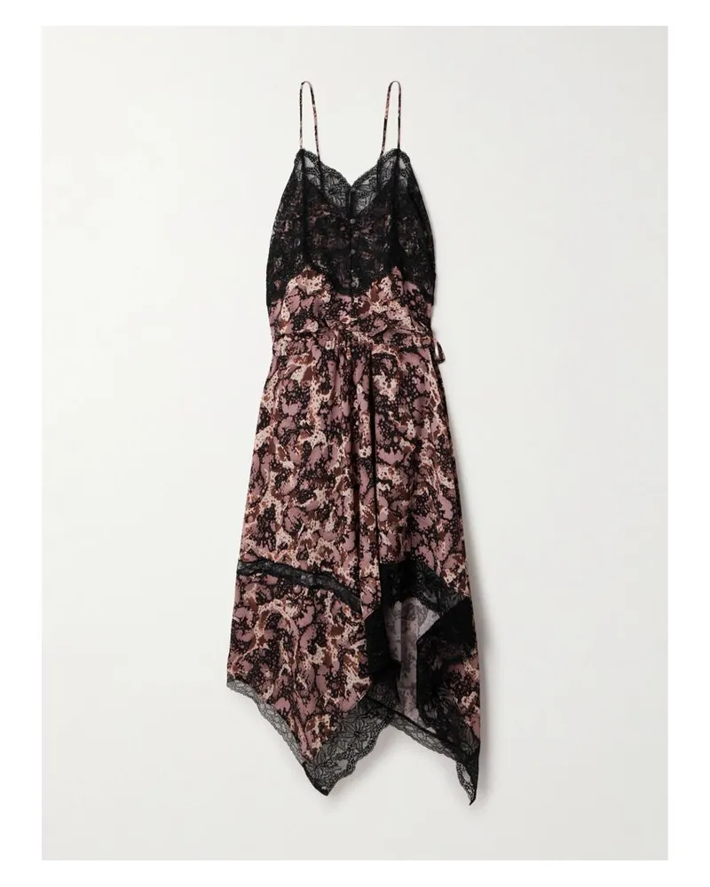 Dries van Noten Asymmetrisches Midikleid Aus Bedrucktem Chiffon Mit Spitzenbesätzen - Braun Braun