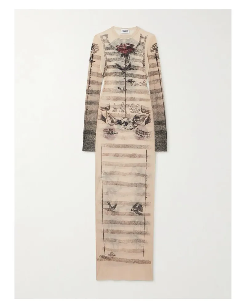 Jean Paul Gaultier Maxikleid Aus Bedrucktem Mesh - Ecru Ecru