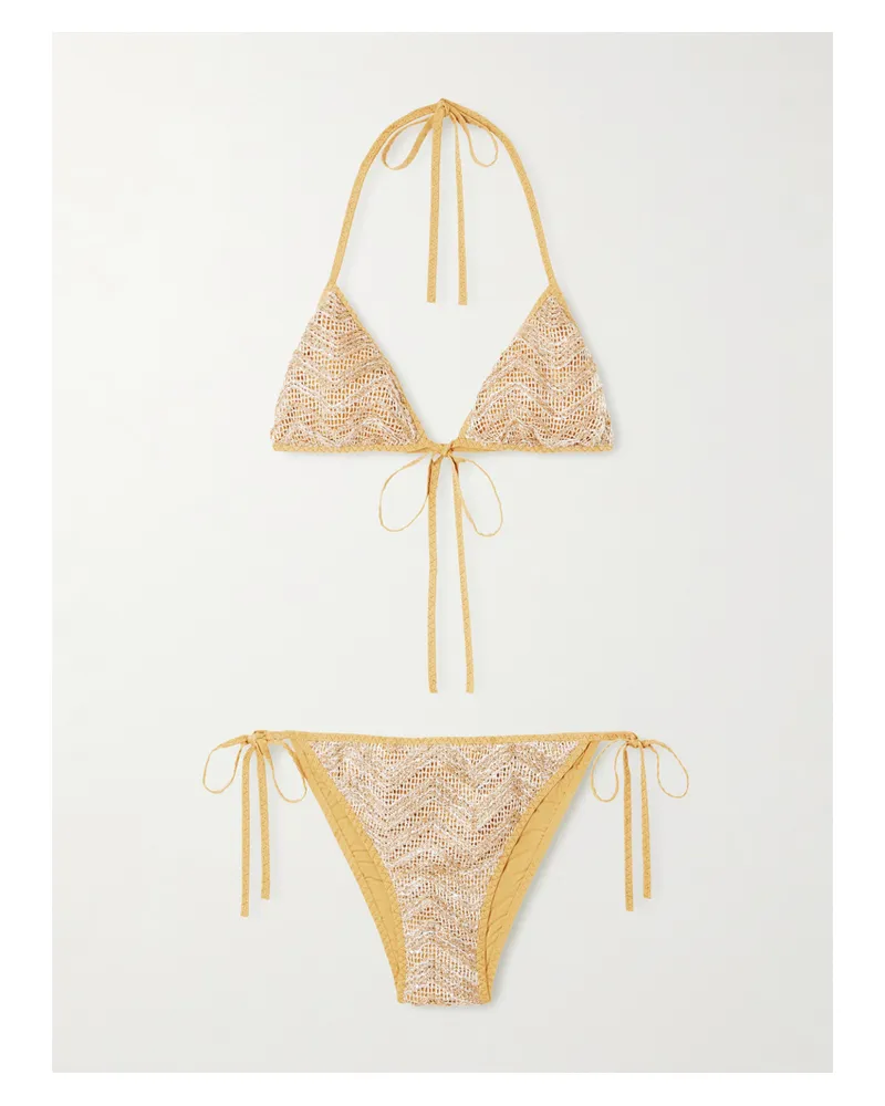 Missoni Mare Triangel-bikini Aus Gestreiftem Häkelstrick Mit Verzierungen - Gold Gold