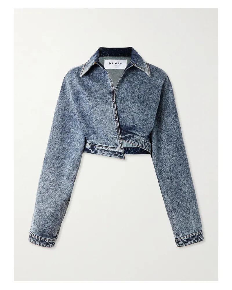 Alaïa Cropped Asymmetric Denim Jacket - Blue Blue