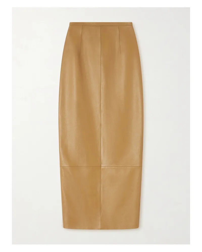 KHAITE Winton Paneled Leather Midi Skirt - Neutrals Neutrals
