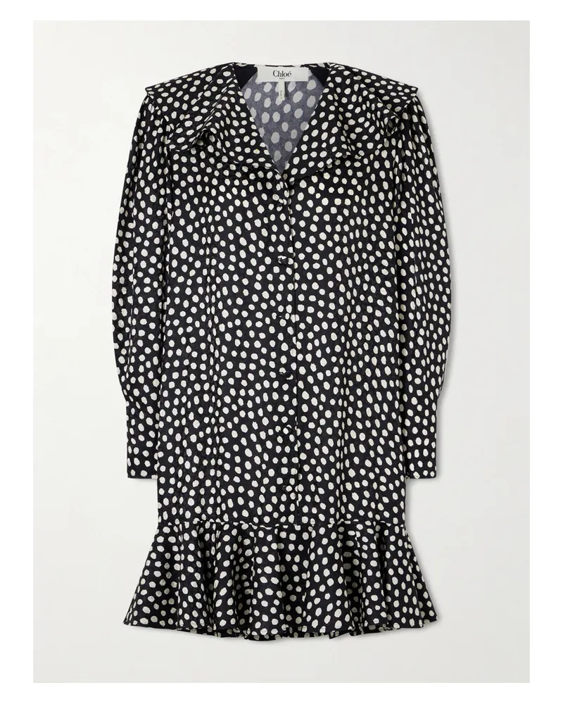 Chloé Minikleid Aus Seiden-jacquard Mit Polka-dots Und Rüschen - Schwarz Schwarz