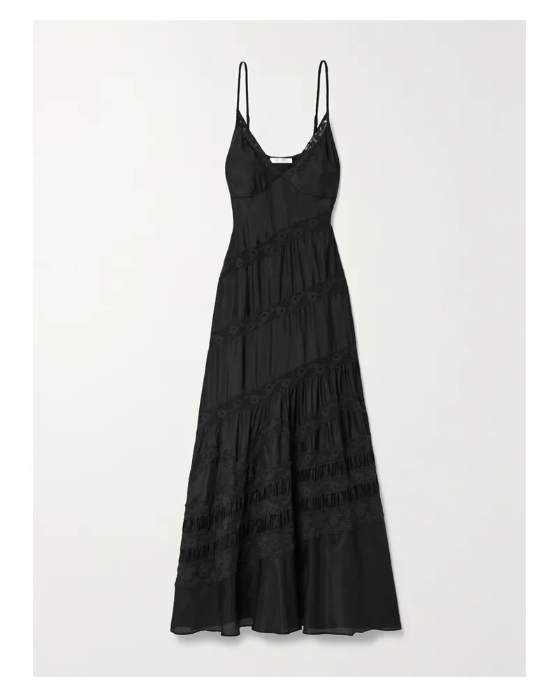 LoveShackFancy Idalia Maxikleid Aus Seidensatin Mit Spitzenbesätzen - Schwarz Schwarz