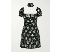 Silk Blend Floral Mini Dress - Black