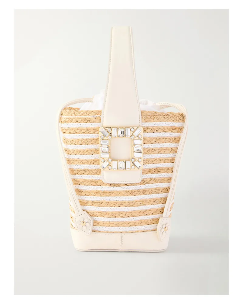Roger Vivier Viv' Skate Embellished Leather-trimmed Striped Woven Raffia Clutch - Neutrals Neutrals
