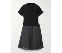 Midikleid Aus Baumwoll-jersey Und Kariertem Voile Mit Gürtel - Schwarz