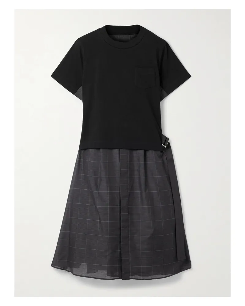 Sacai Midikleid Aus Baumwoll-jersey Und Kariertem Voile Mit Gürtel - Schwarz Schwarz