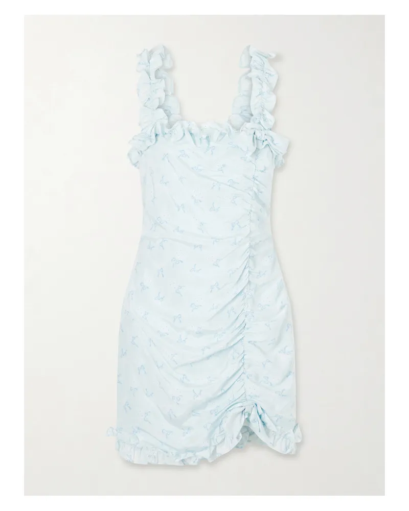 Alessandra Rich Bow-embellished Floral-print Silk-satin Mini Dress - Blue Blue