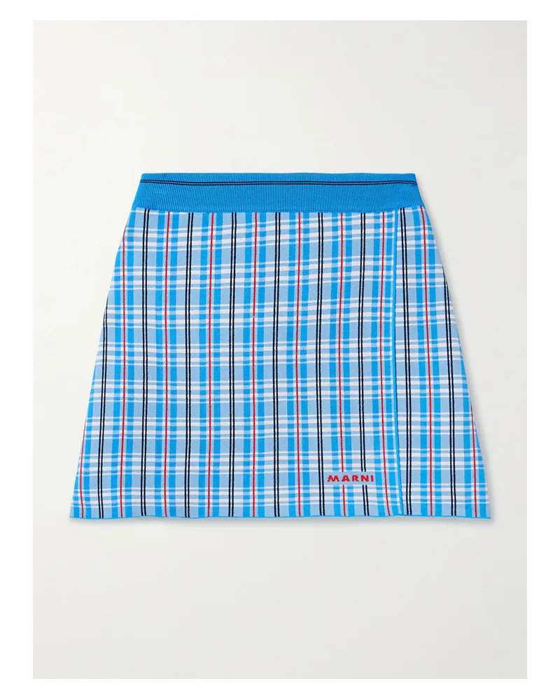 Marni Minirock Aus Kariertem Stretch-strick Mit Wickeleffekt - Blau Blau