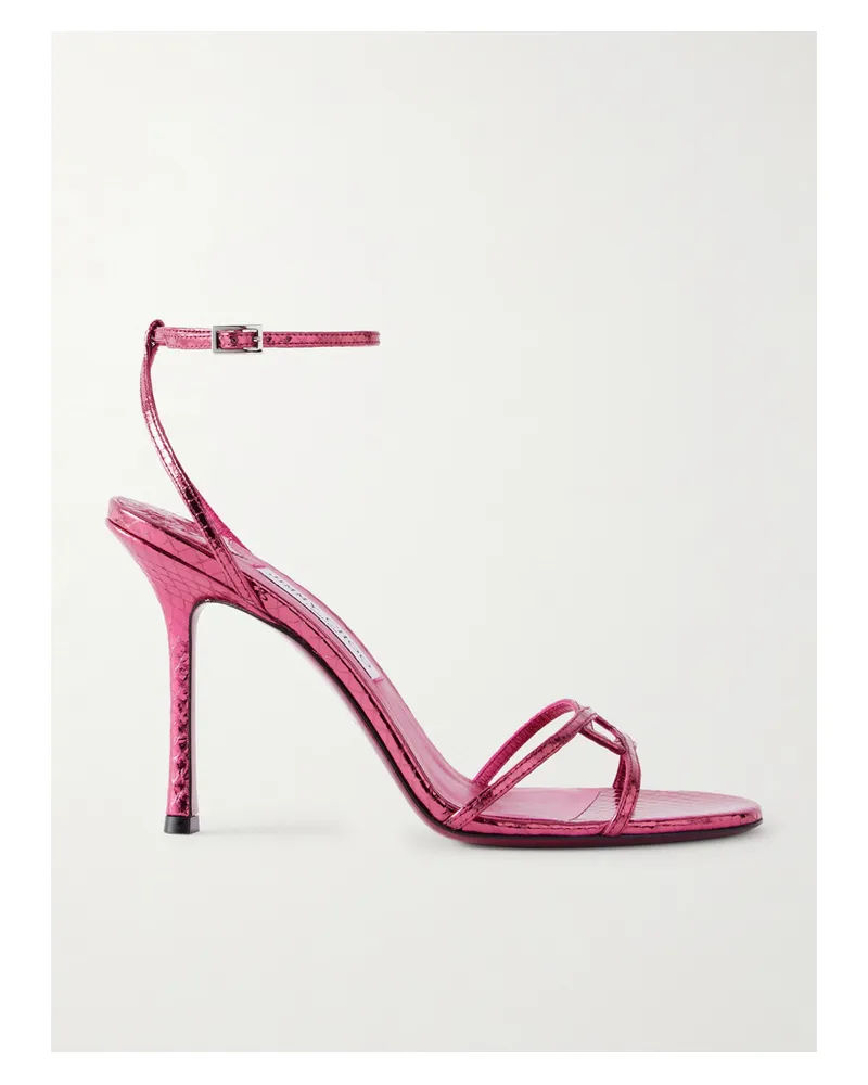 Jimmy Choo Leo 100 Sandalen Aus Metallic-leder Mit Krokodileffekt - Pink Pink