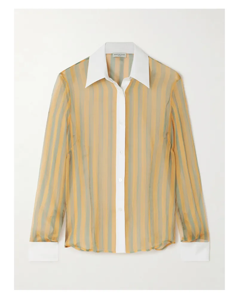 Dries van Noten Hemd Aus Gestreiftem Seidenchiffon Mit Popelinebesätzen In Knitteroptik - Orange Orange