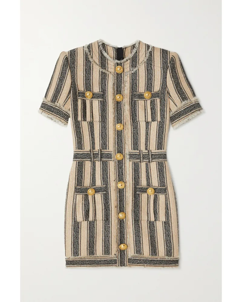 Balmain Gestreiftes Minikleid Aus Piqué Mit Pailletten Und Fransen - Neutral Neutral