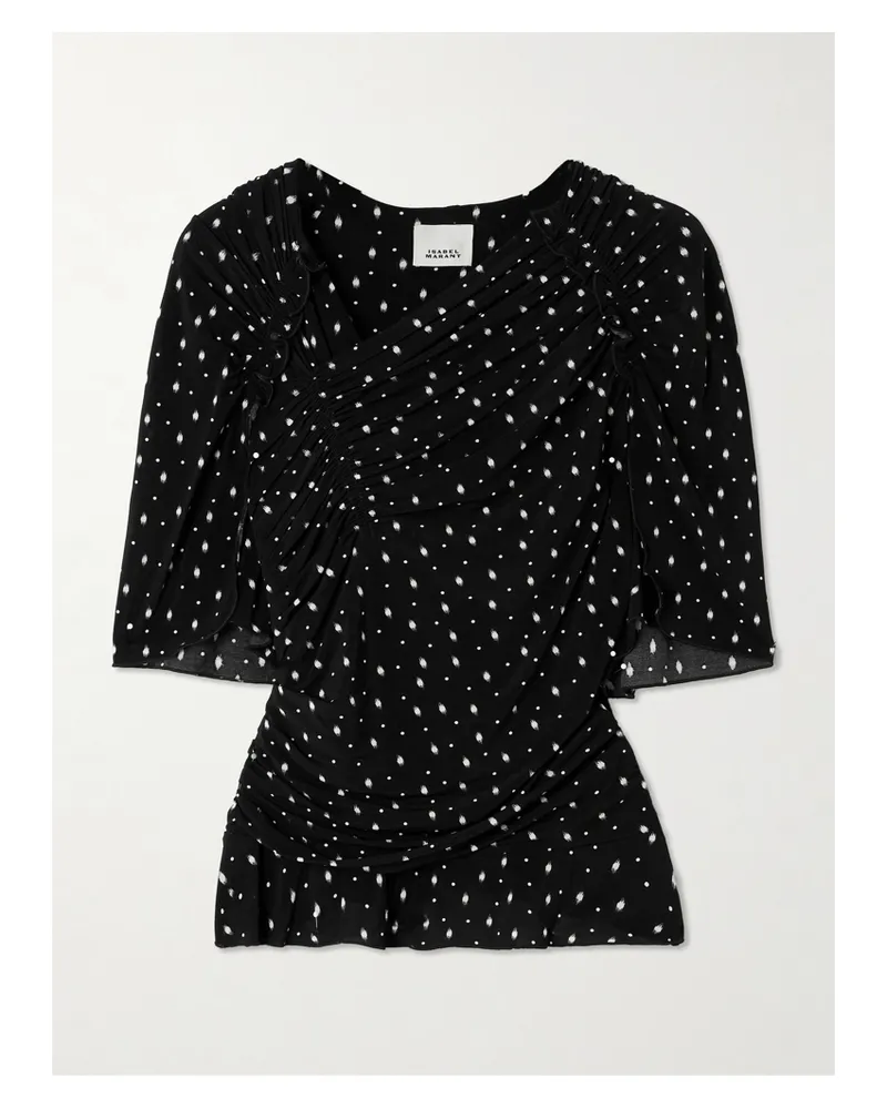 Isabel Marant Garla Ruched Printed Stretch-mesh Top - Black Black