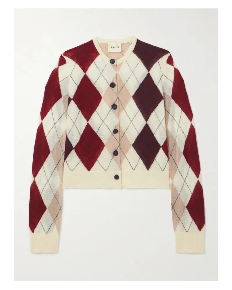 KHAITE Charli Calf Hair-trimmed Argyle Cashmere And Mohair-blend Cardigan - Cream Cream